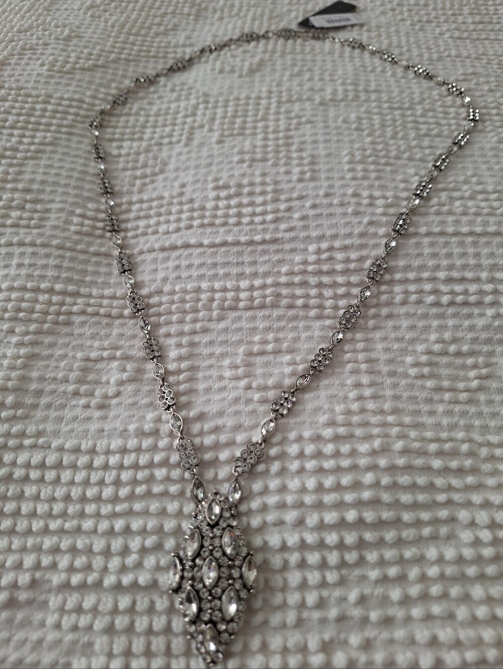 NWT J Crew Navette Rhinestone Long Necklace With Pendant Silvertone